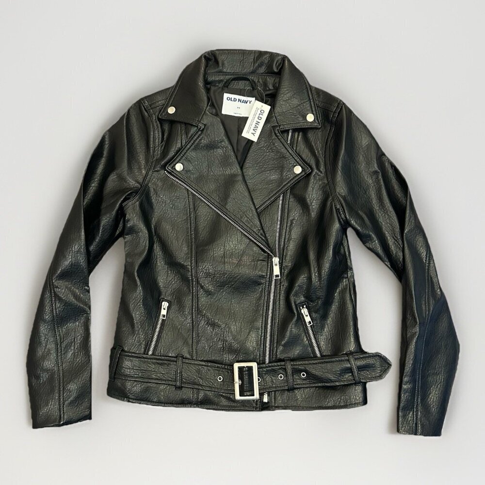 Old Navy Women's Faux Leather Belted Biker Jacket Size XS Black Full Zip NWT